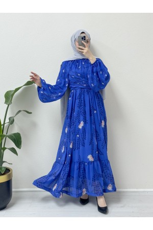 Bel ve Boyundan büzgülü Balon Kol Astarlı Şifon Elbise -Saks