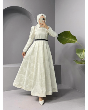 Kaftan evening dress with a cool print and a belted balloon skirt  -White