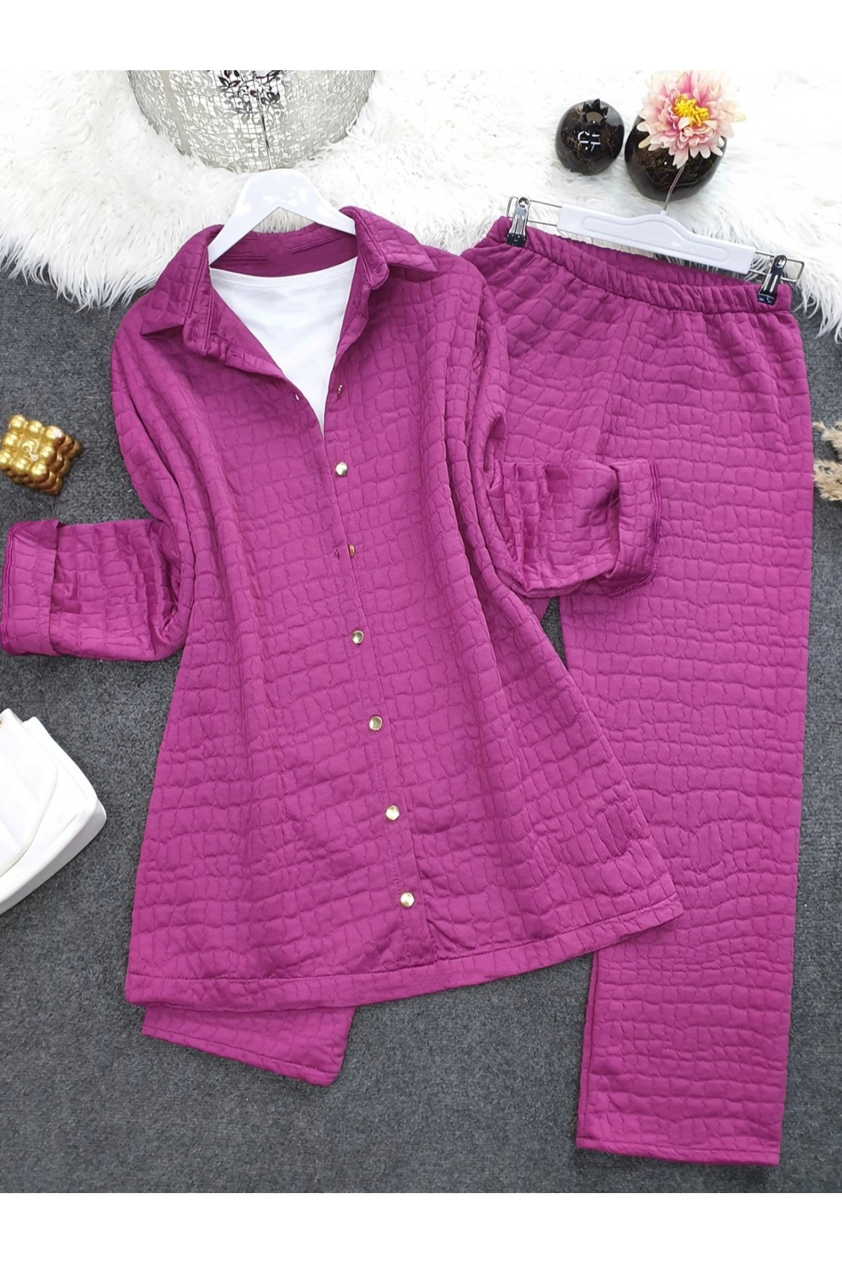 Button Down Collar Quilted Suit -Fuchsia