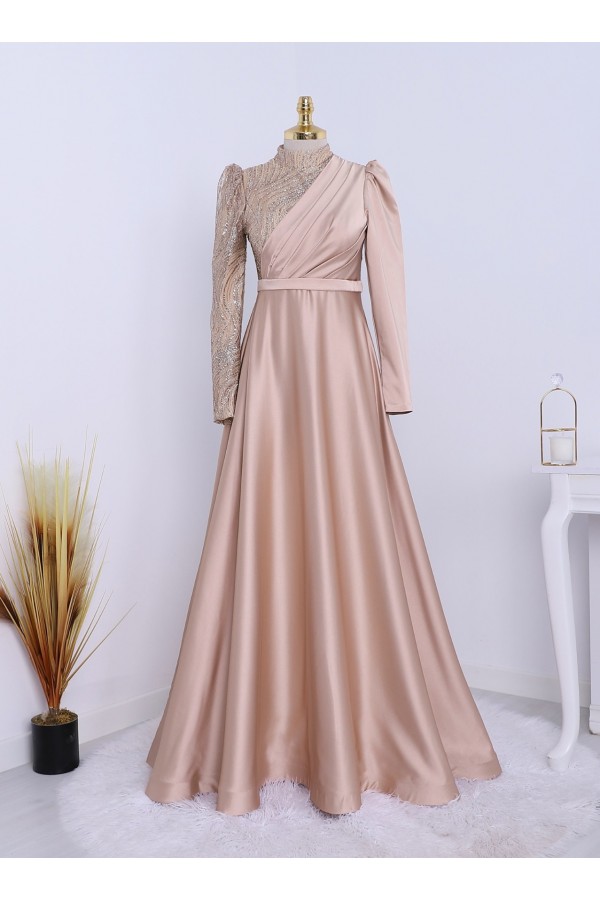 Watermelon Sleeve Top Glittery Front Draped Satin Evening Dress - Beige