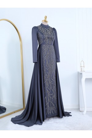 Kuyruklu Boncuk İşlemeli Saten Abiye -Antrasit