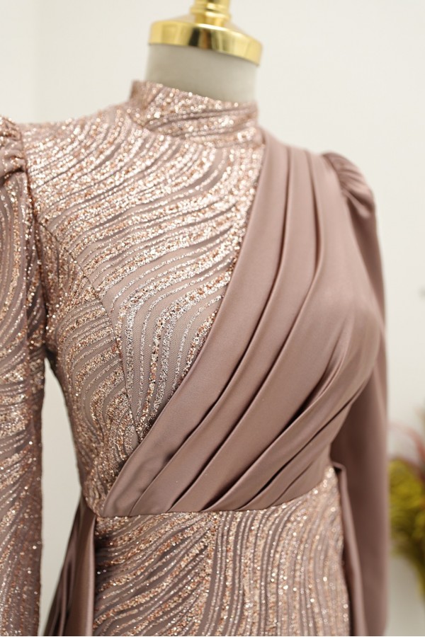 Front Draped Silvery Evening Dress -Dried rose