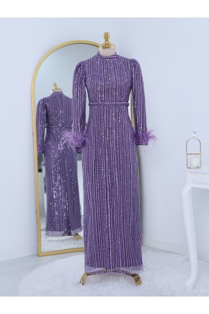 Kolu Tüylü Boncuk Pul İşlemeli Tül Abiye -Lila