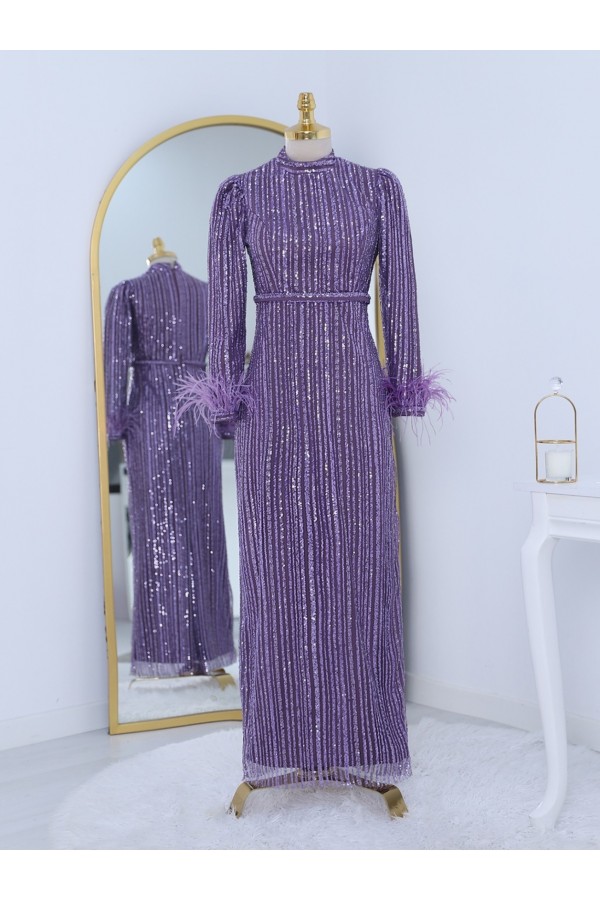 Sleeve Feather Bead Sequins Embroidered Tulle Evening Dress -Lilac