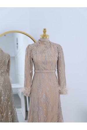 Kolu Tüylü Yapıştırma Simli Tül Abiye -Bej