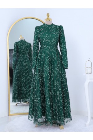 Yapıştırma Taş Detaylı Simli Astarlı Tül Abiye -Zümrüt