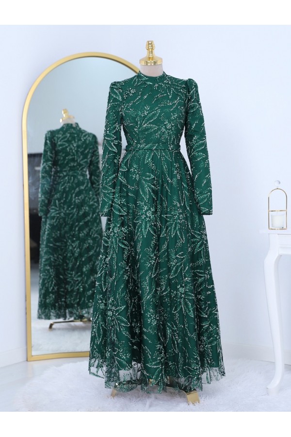 Adhesive Stone Detailed Glittery Lined Tulle Evening Dress -Emerald