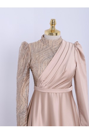 Karpuz Kol Üstü Simli Önü Drapeli Saten Abiye -Bej