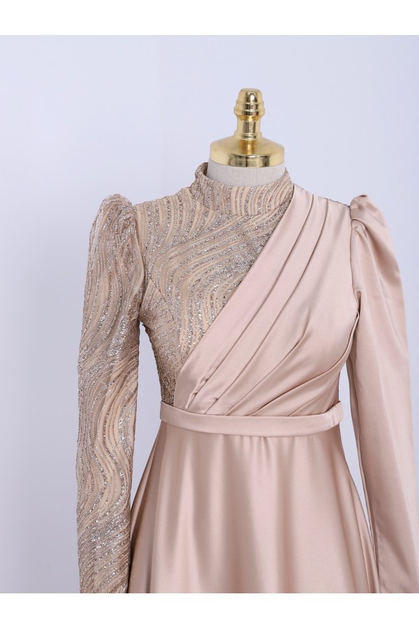 Watermelon Sleeve Top Glittery Front Draped Satin Evening Dress - Beige