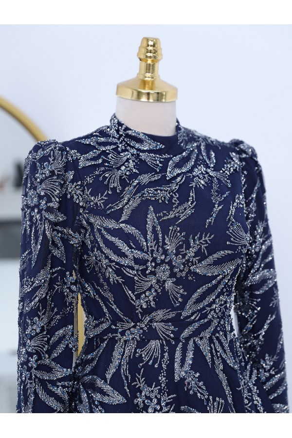 Adhesive Stone Detailed Glittery Lined Tulle Evening Dress -Navy blue