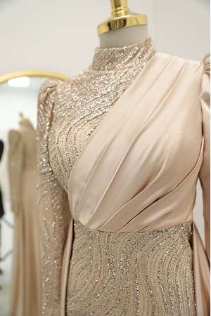 Önü Drapeli Simli Abiye -Açık Vizon