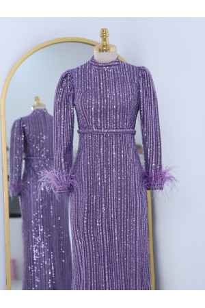 Kolu Tüylü Boncuk Pul İşlemeli Tül Abiye -Lila
