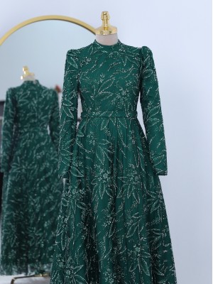 Adhesive Stone Detailed Glittery Lined Tulle Evening Dress -Emerald