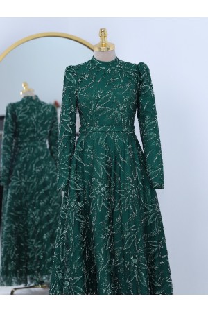 Yapıştırma Taş Detaylı Simli Astarlı Tül Abiye -Zümrüt