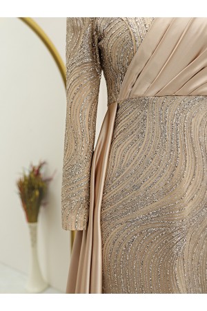 Önü Drapeli Simli Abiye -Açık Vizon