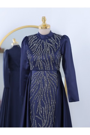 Kuyruklu Boncuk İşlemeli Saten Abiye -Laci