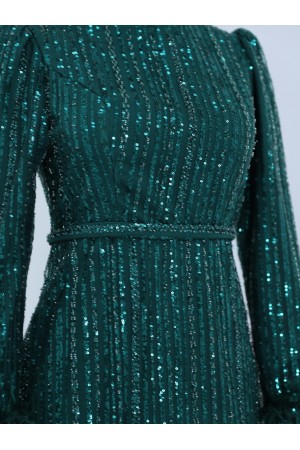 Kolu Tüylü Boncuk Pul İşlemeli Tül Abiye -Zümrüt