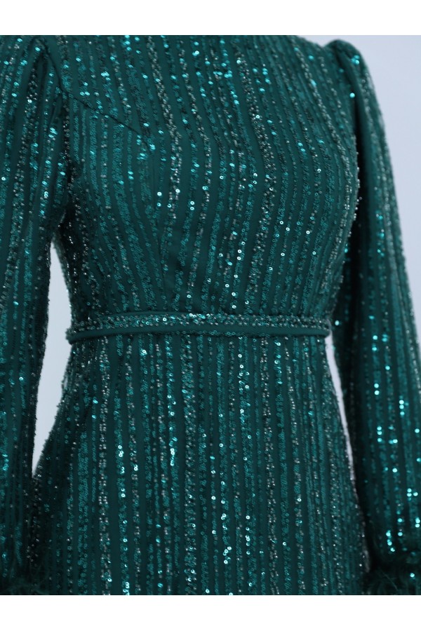 Sleeve Feather Bead Sequins Embroidered Tulle Evening Dress -Emerald