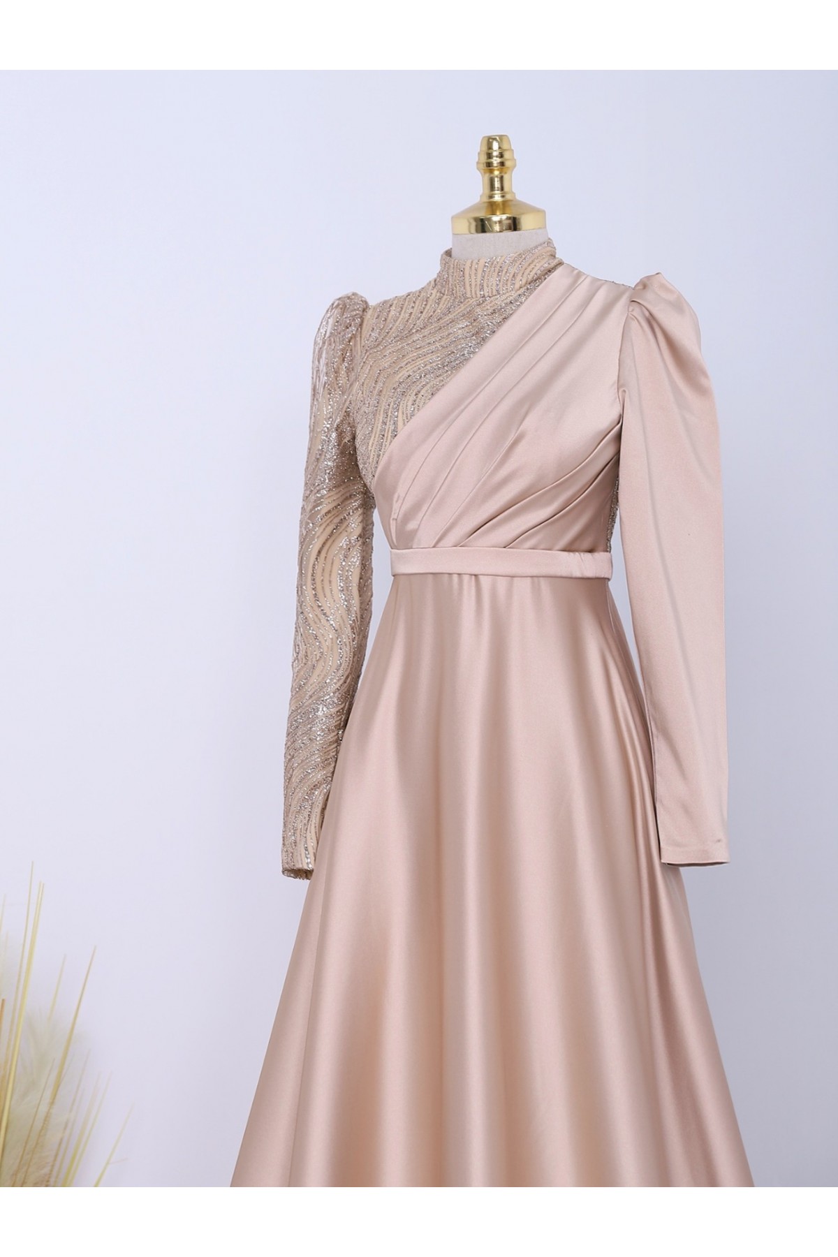 Watermelon Sleeve Top Glittery Front Draped Satin Evening Dress - Beige