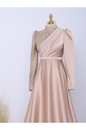 Karpuz Kol Üstü Simli Önü Drapeli Saten Abiye -Bej