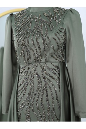 Kuyruklu Boncuk İşlemeli Saten Abiye -Haki