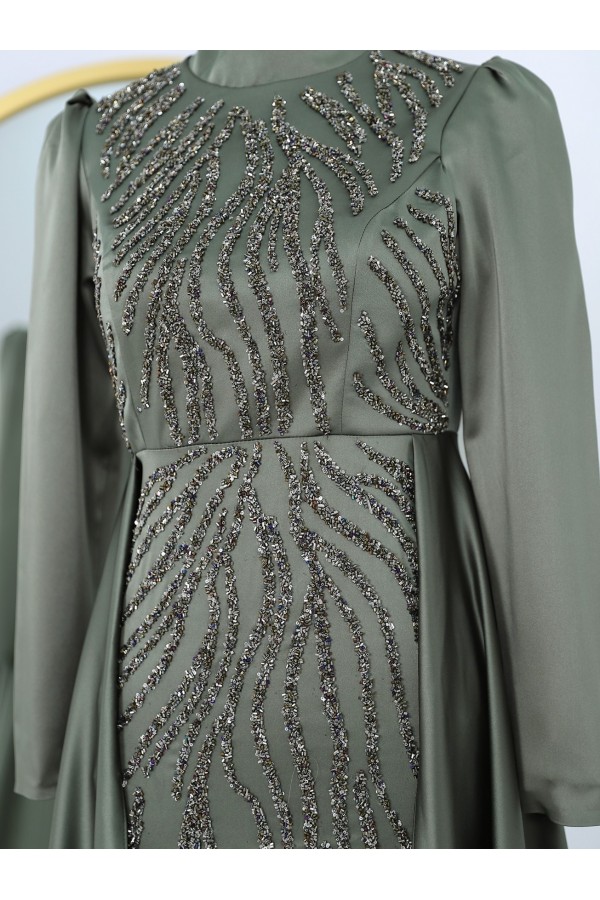 Tailed Bead Embroidered Satin Evening Dress -Khaki