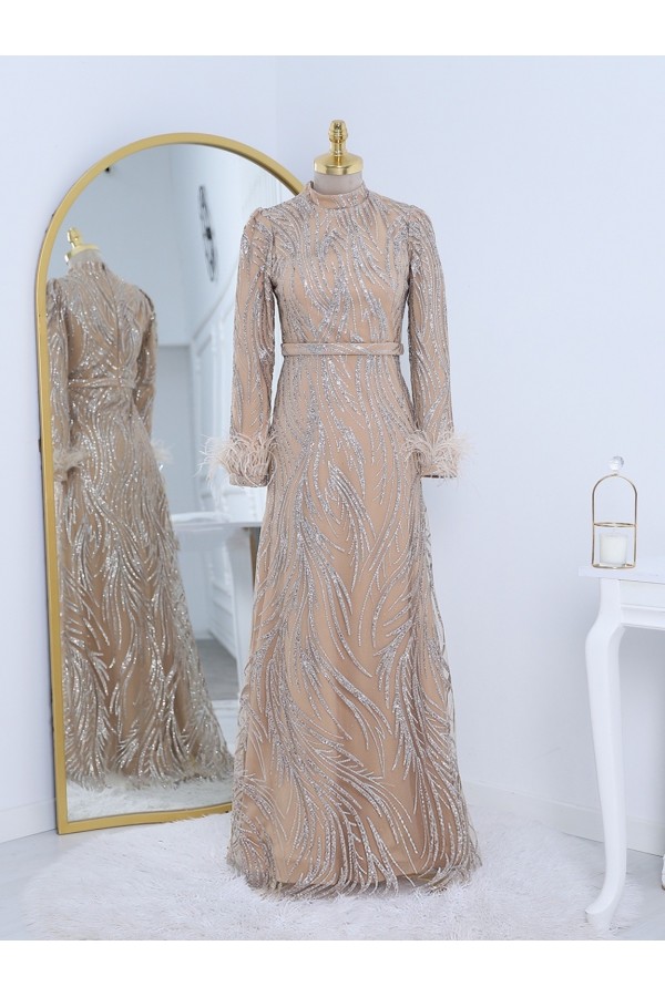 Sleeve Feather Paste Glittery Tulle Evening Dress - Beige