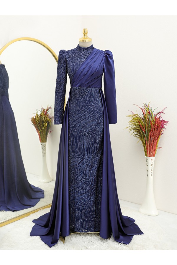 Front Draped Silvery Evening Dress -Navy blue
