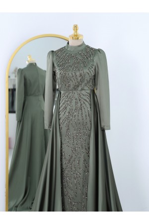 Kuyruklu Boncuk İşlemeli Saten Abiye -Haki