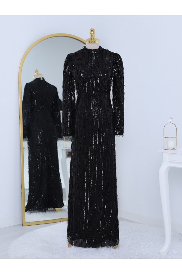 Sequin Embroidered Evening Dress -Black