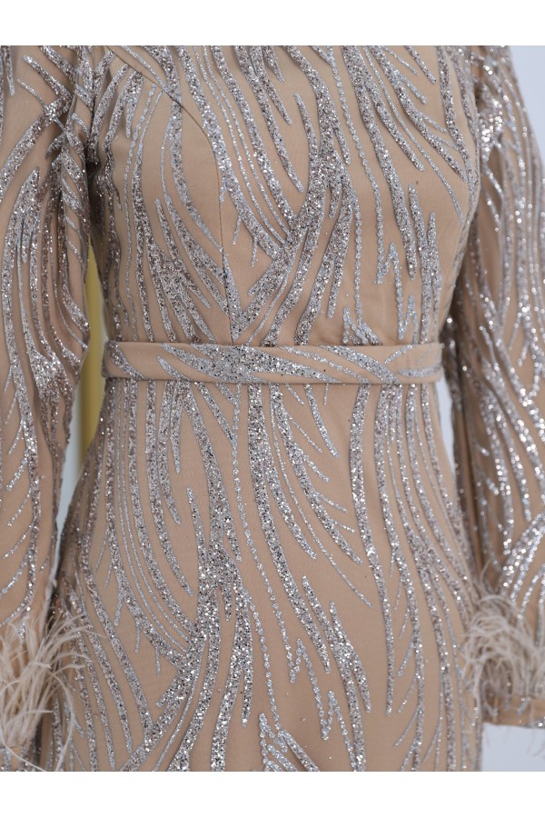 Sleeve Feather Paste Glittery Tulle Evening Dress - Beige