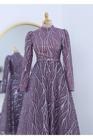 Pul Desenli Astarlı Tül Abiye -Lila