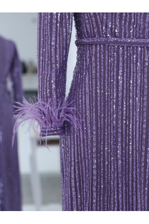 Kolu Tüylü Boncuk Pul İşlemeli Tül Abiye -Lila