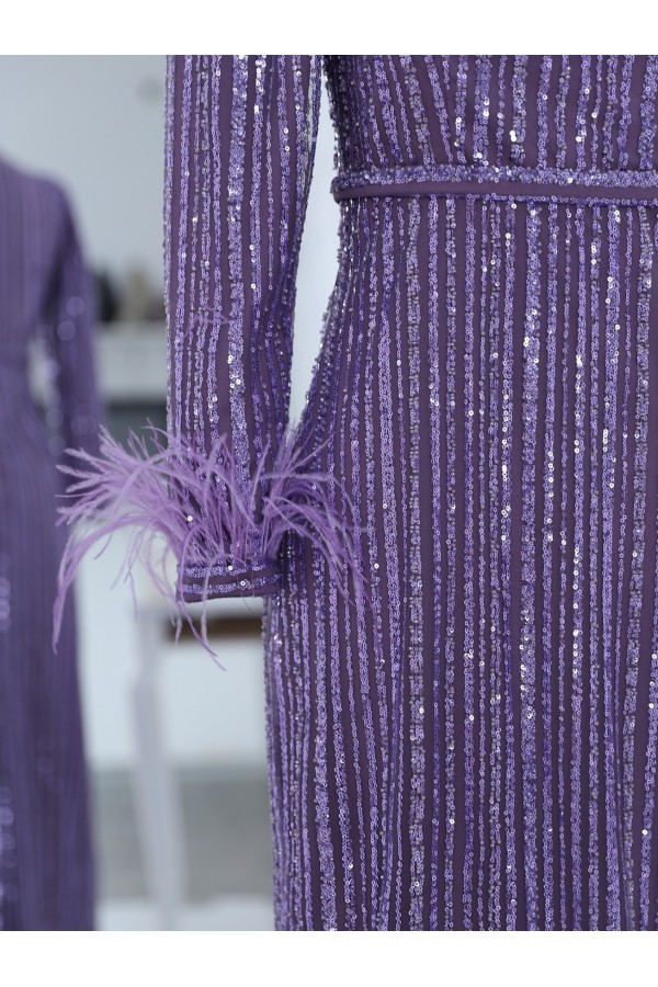 Sleeve Feather Bead Sequins Embroidered Tulle Evening Dress -Lilac