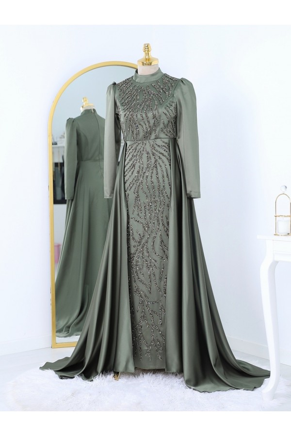 Tailed Bead Embroidered Satin Evening Dress -Khaki
