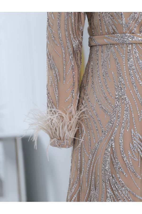 Sleeve Feather Paste Glittery Tulle Evening Dress - Beige