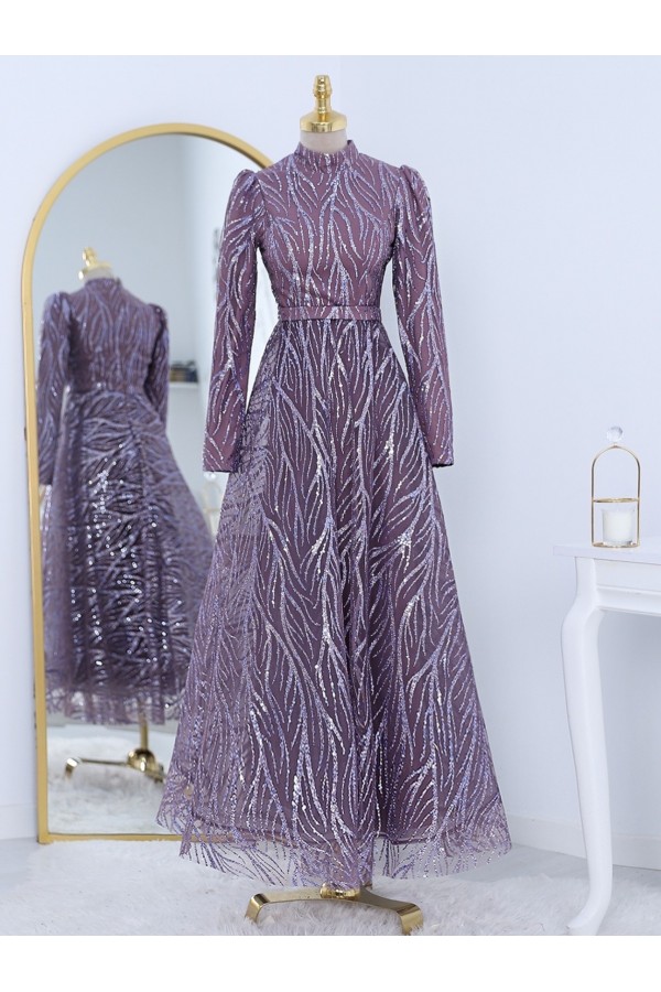 Sequin Patterned Lined Tulle Evening Dress -Lilac
