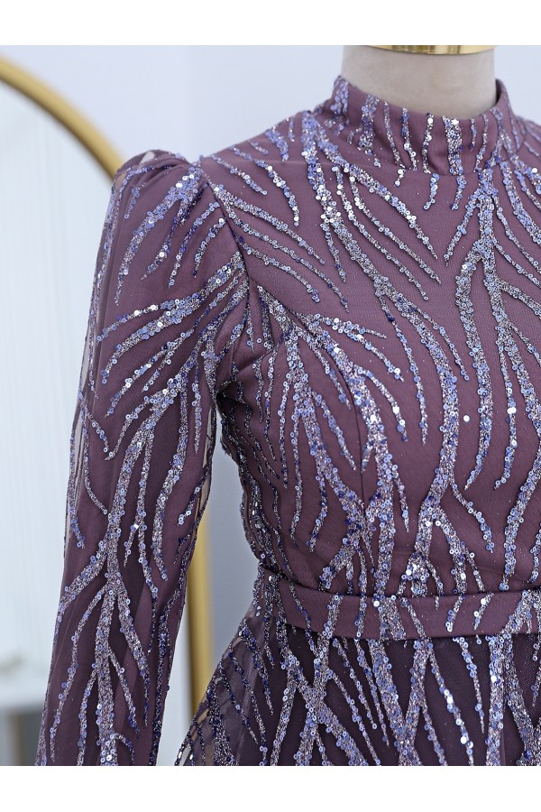 Sequin Patterned Lined Tulle Evening Dress -Lilac