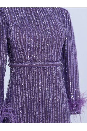 Kolu Tüylü Boncuk Pul İşlemeli Tül Abiye -Lila