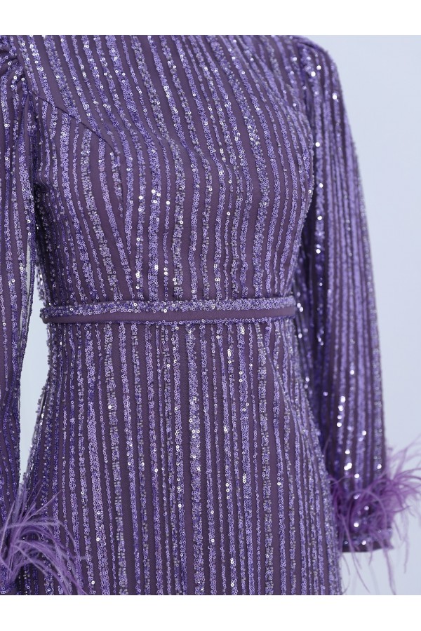 Sleeve Feather Bead Sequins Embroidered Tulle Evening Dress -Lilac