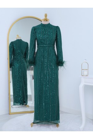 Kolu Tüylü Boncuk Pul İşlemeli Tül Abiye -Zümrüt