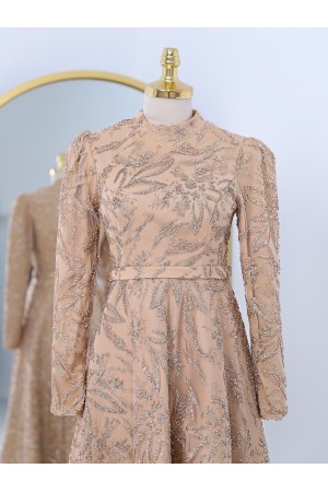 Yapıştırma Taş Detaylı Simli Astarlı Tül Abiye -Somon