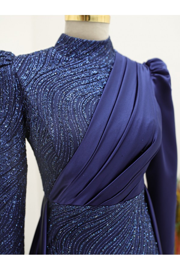 Front Draped Silvery Evening Dress -Navy blue