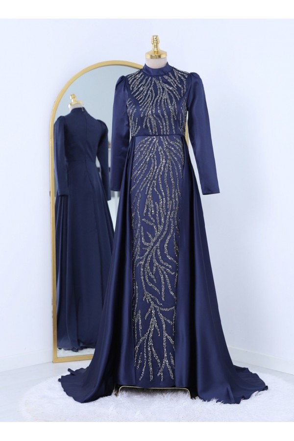 Tailed Bead Embroidered Satin Evening Dress -Navy blue