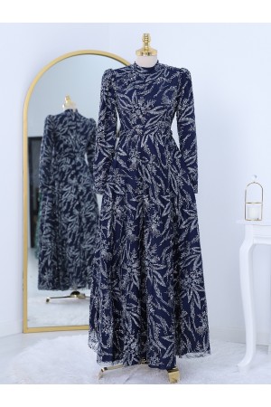 Yapıştırma Taş Detaylı Simli Astarlı Tül Abiye -Laci