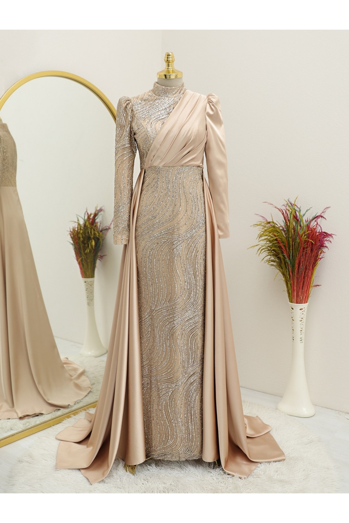 Front Draped Silvery Evening Dress -Light Mink