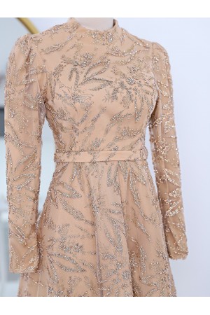 Yapıştırma Taş Detaylı Simli Astarlı Tül Abiye -Somon