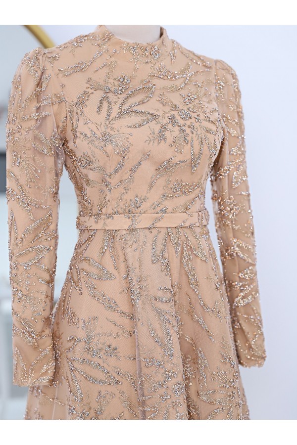 Adhesive Stone Detailed Glittery Lined Tulle Evening Dress -Salmon