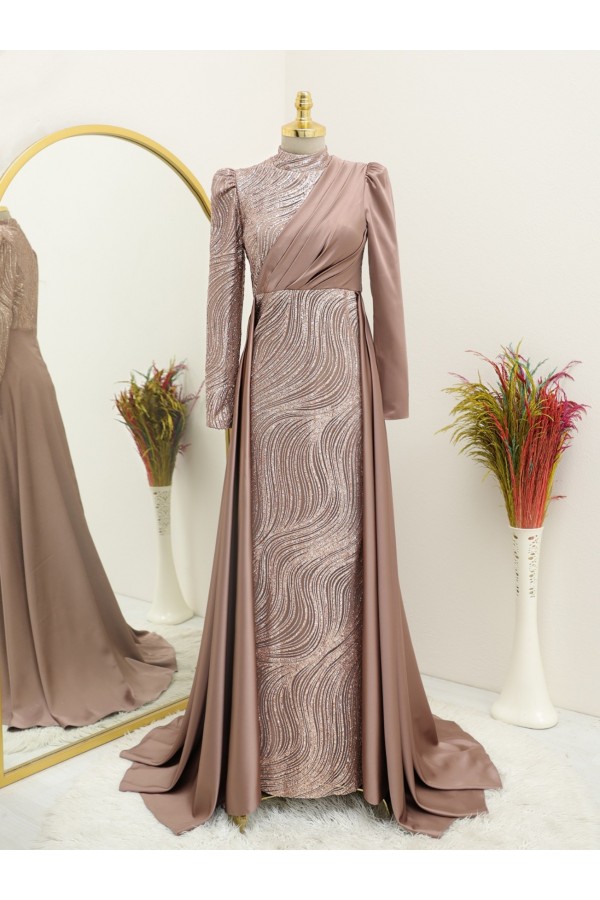 Front Draped Silvery Evening Dress -Dried rose