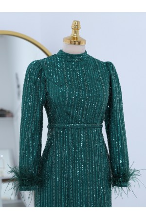 Kolu Tüylü Boncuk Pul İşlemeli Tül Abiye -Zümrüt